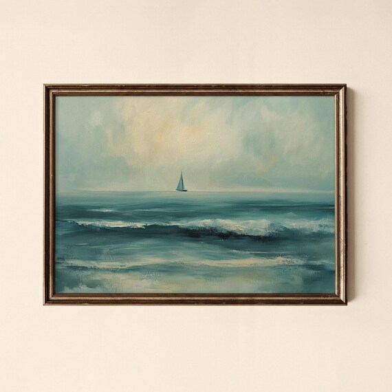 Teal Seascape Sailboat on Horizon Moody Coastal Oil Painting Print