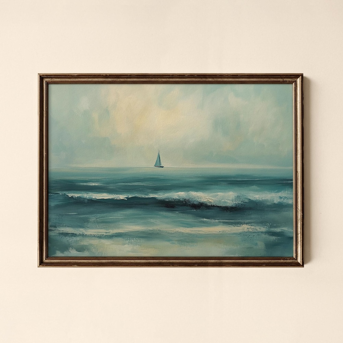 Teal Seascape Sailboat on Horizon Moody Coastal Oil Painting Print
