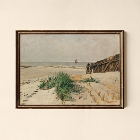 Vintage Beach Dunes Wooden Breakwater Sailboat Antique Seascape Print