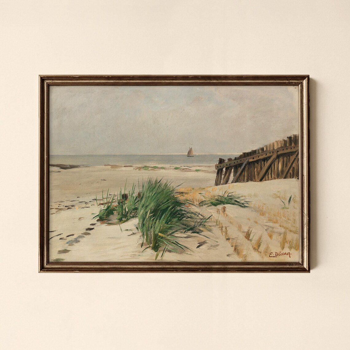 Vintage Beach Dunes Wooden Breakwater Sailboat Antique Seascape Print