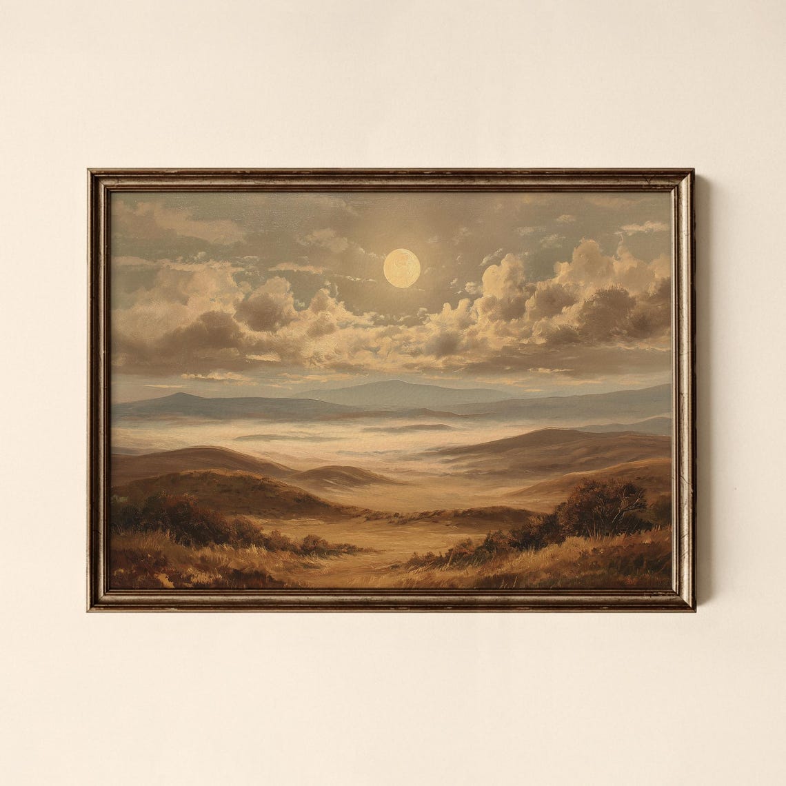 Moonlit Misty Mountain Valley Vintage Oil Landscape Painting Poster