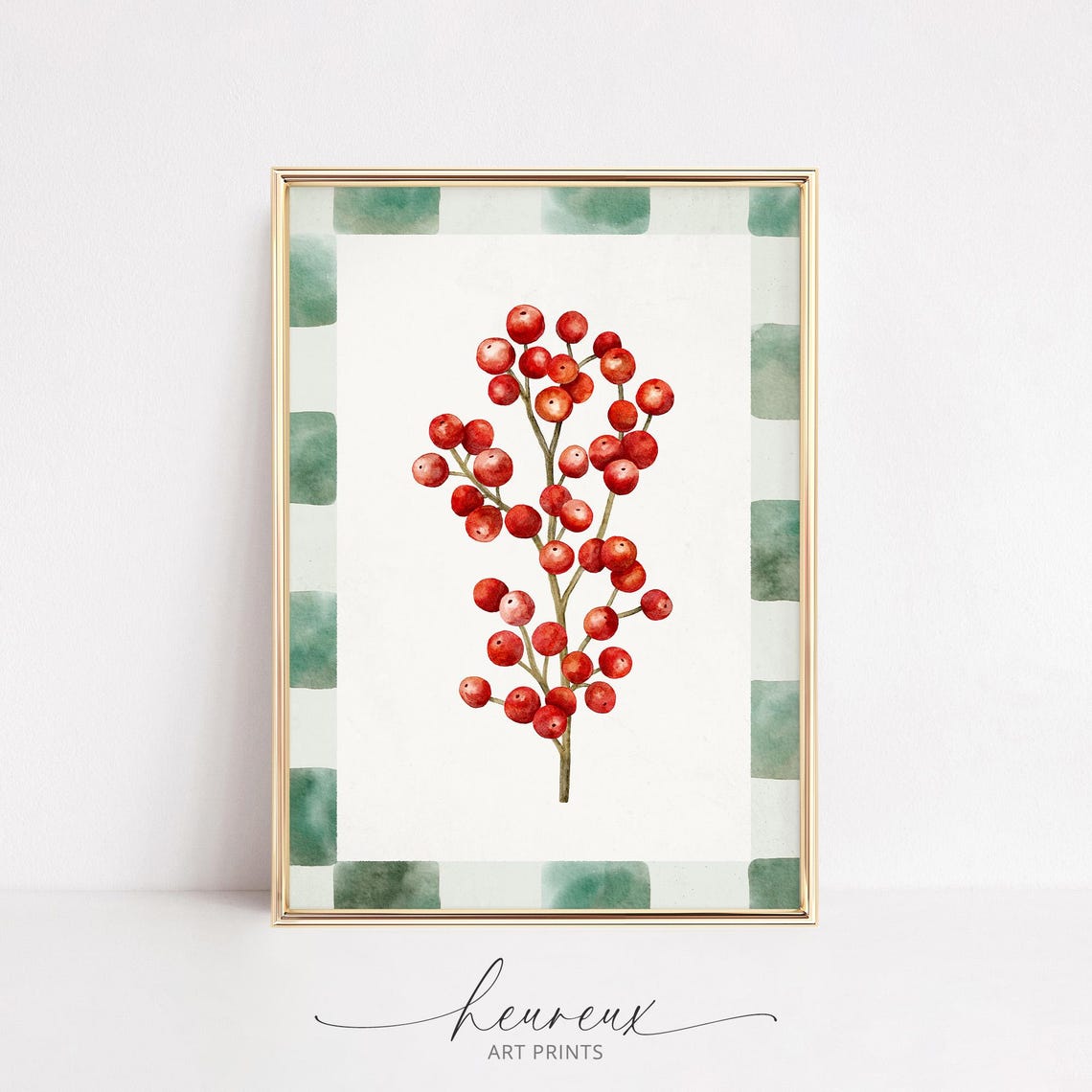 Red Berry Sprig Checkered Border Watercolor Poster Christmas Botanical - Image 3