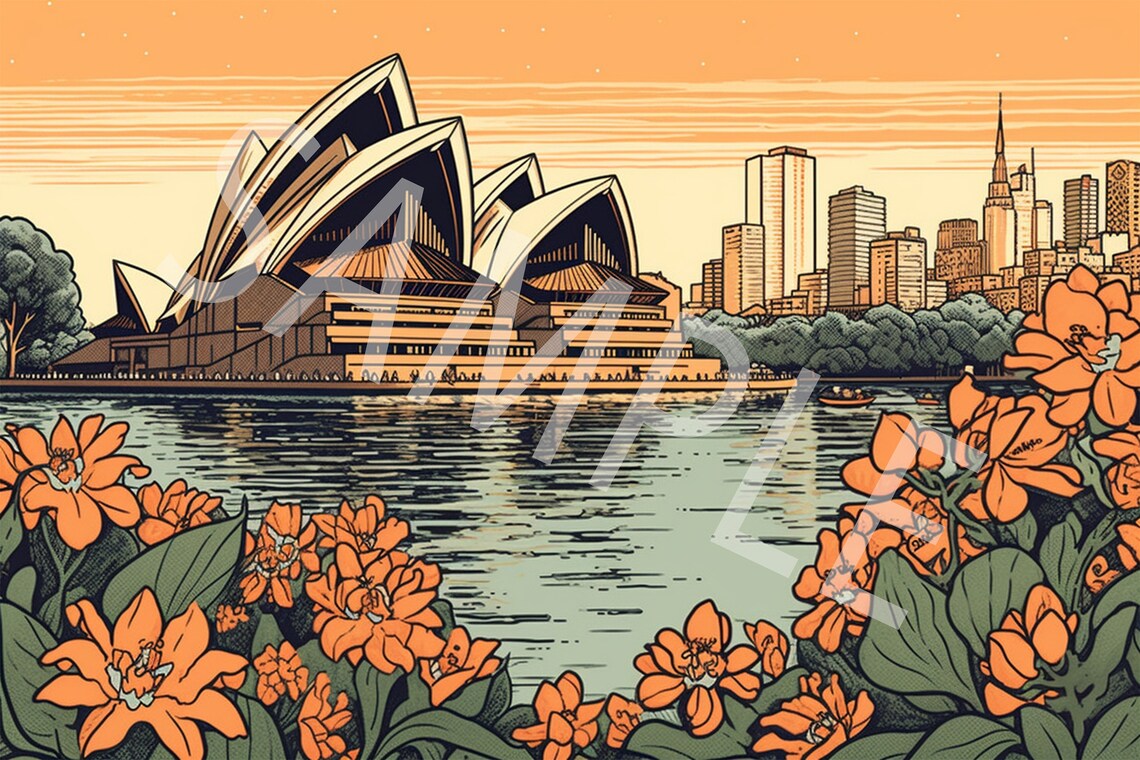 Sydney Opera House Woodblock Style With Orange Flowers Poster - Image 2