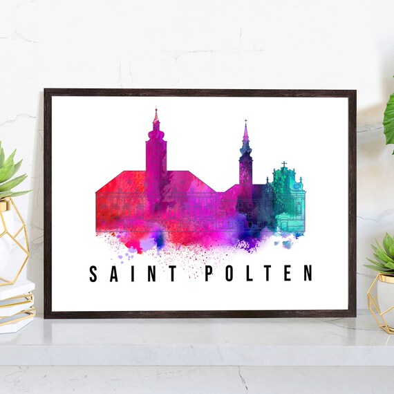 Saint Polten Austria Pink Teal Watercolor Skyline Church Towers Poster