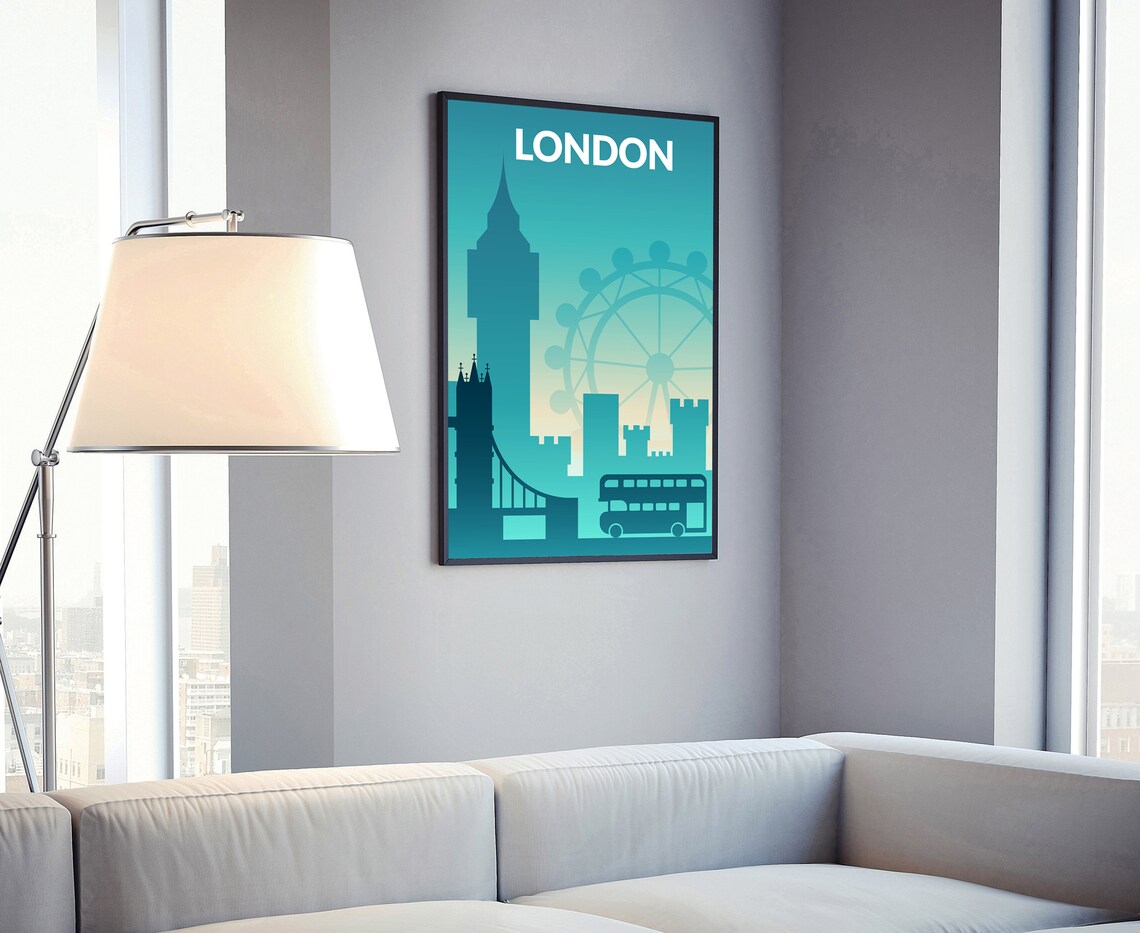 London England Teal Big Ben Skyline Silhouette Landmark Travel Poster - Image 4