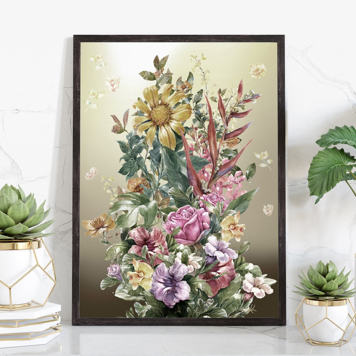 Garden Botanical Daisy Rose Bouquet Watercolor Floral Art Poster