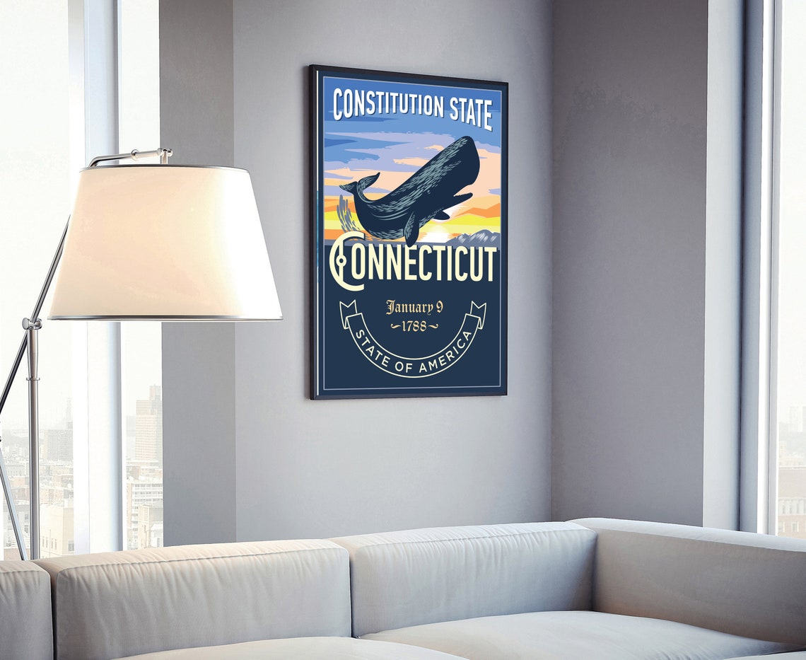 Connecticut Constitution State Whale Sunset Retro Emblem Travel Poster - Image 4