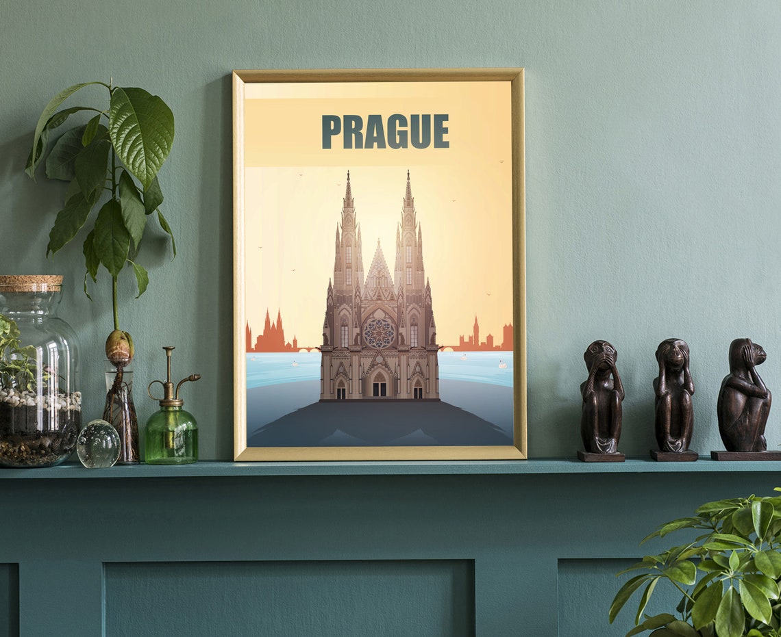 Prague St Vitus Cathedral Sunset Vltava River Retro Travel Poster - Image 3