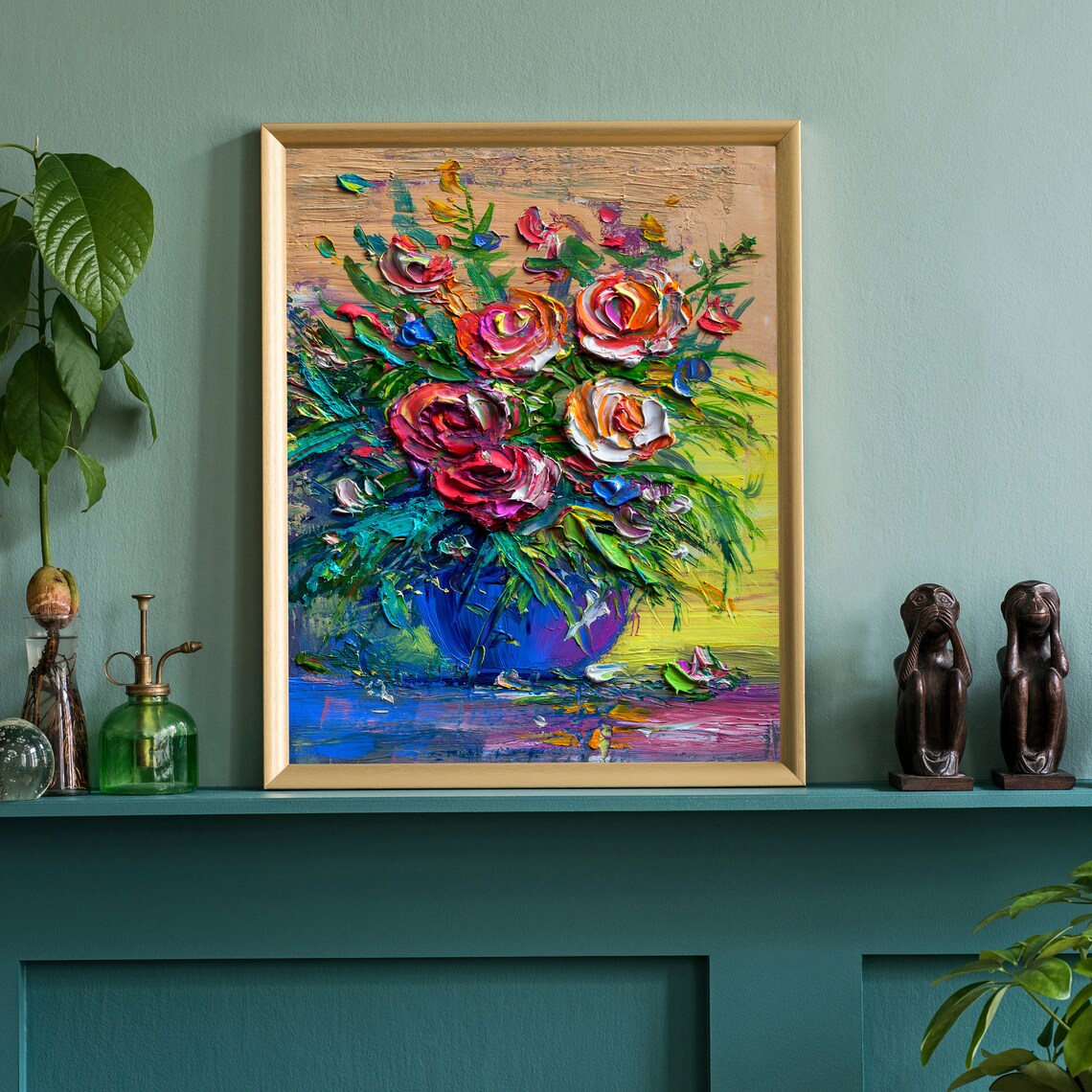 Red Roses Bouquet Palette Knife Oil Painting Floral Wall Art - Image 4