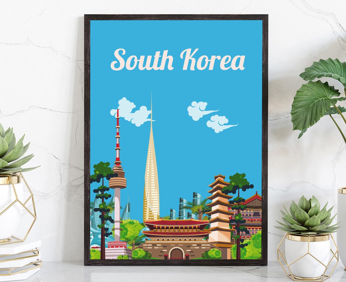 South Korea Travel Poster Seoul Tower Palaces Flat Illustration Art