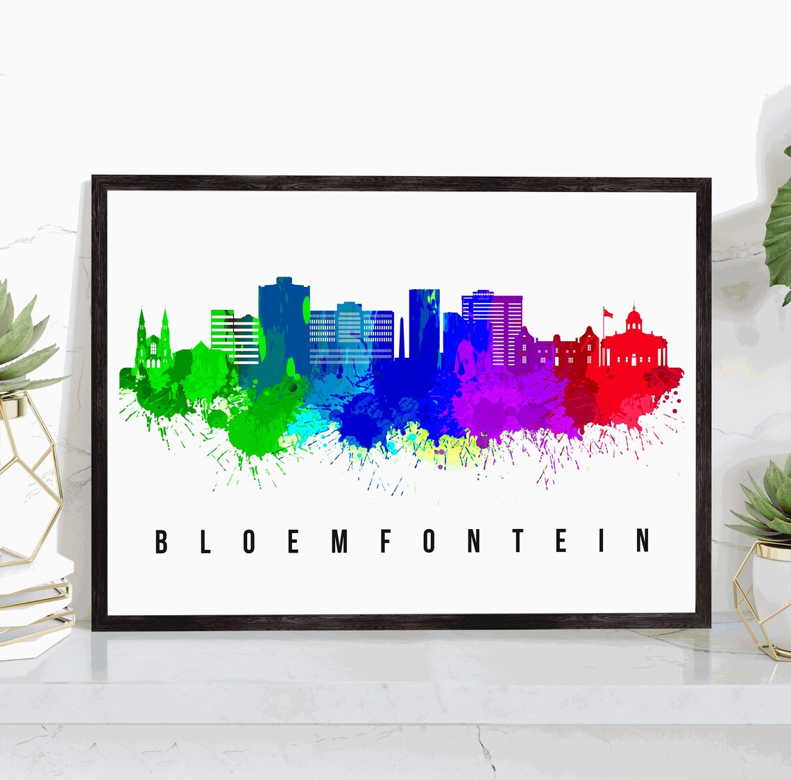 Bloemfontein South Africa Rainbow Watercolor Skyline Cityscape Art