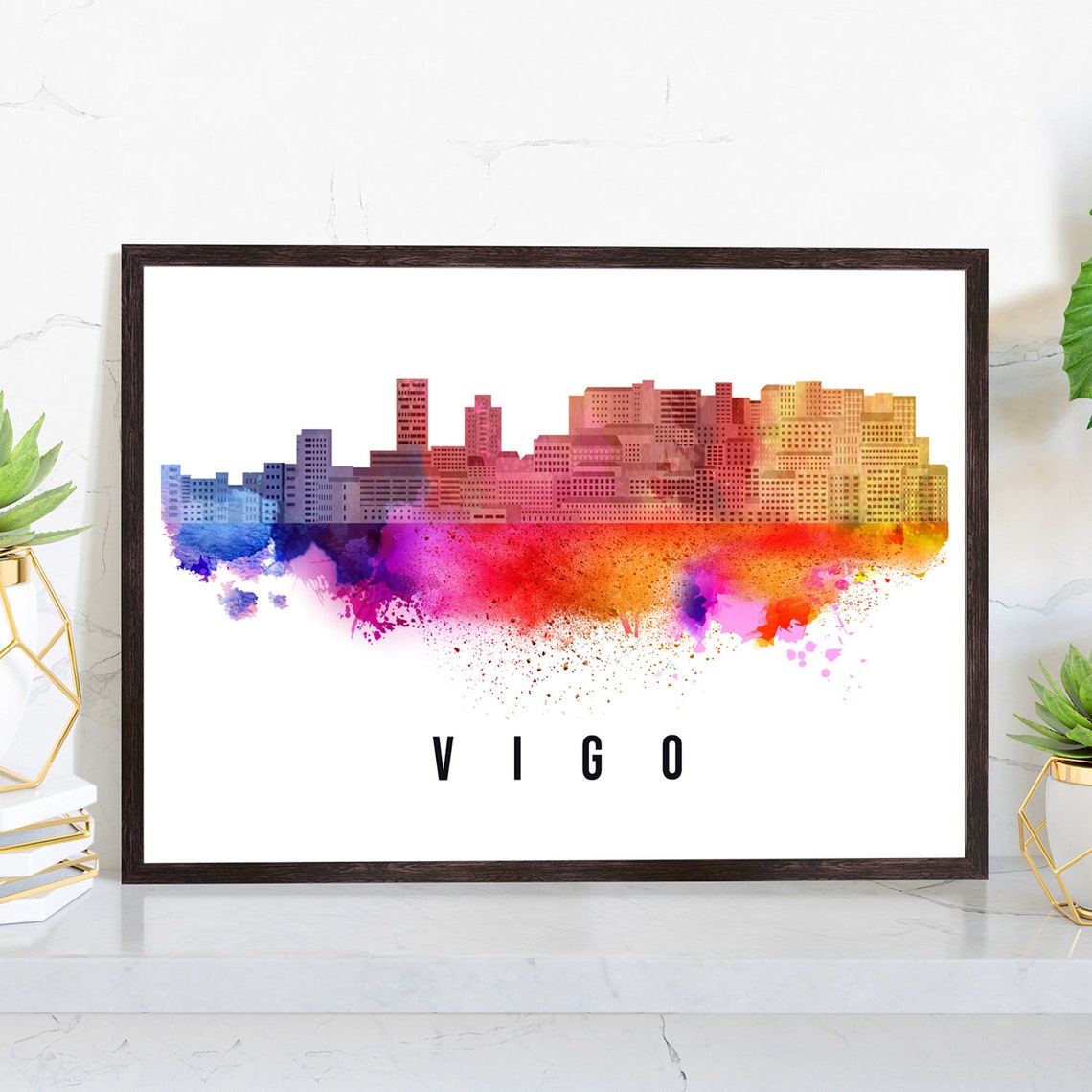 Vigo Spain Rainbow Watercolor Modern Skyline Silhouette Art Poster