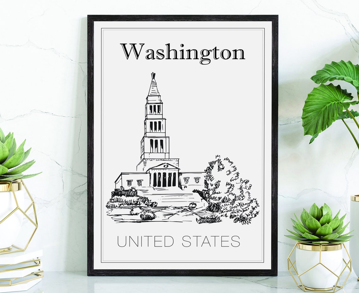 Washington DC Masonic Memorial Tower Hand Drawn Line Art Travel Poster