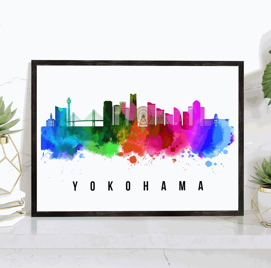 Yokohama Japan Rainbow Watercolor Skyline Ferris Wheel Travel Poster