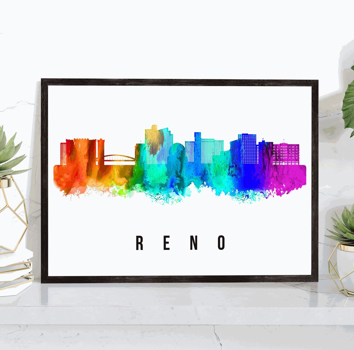 Reno Nevada Watercolor Skyline Downtown City Silhouette Poster