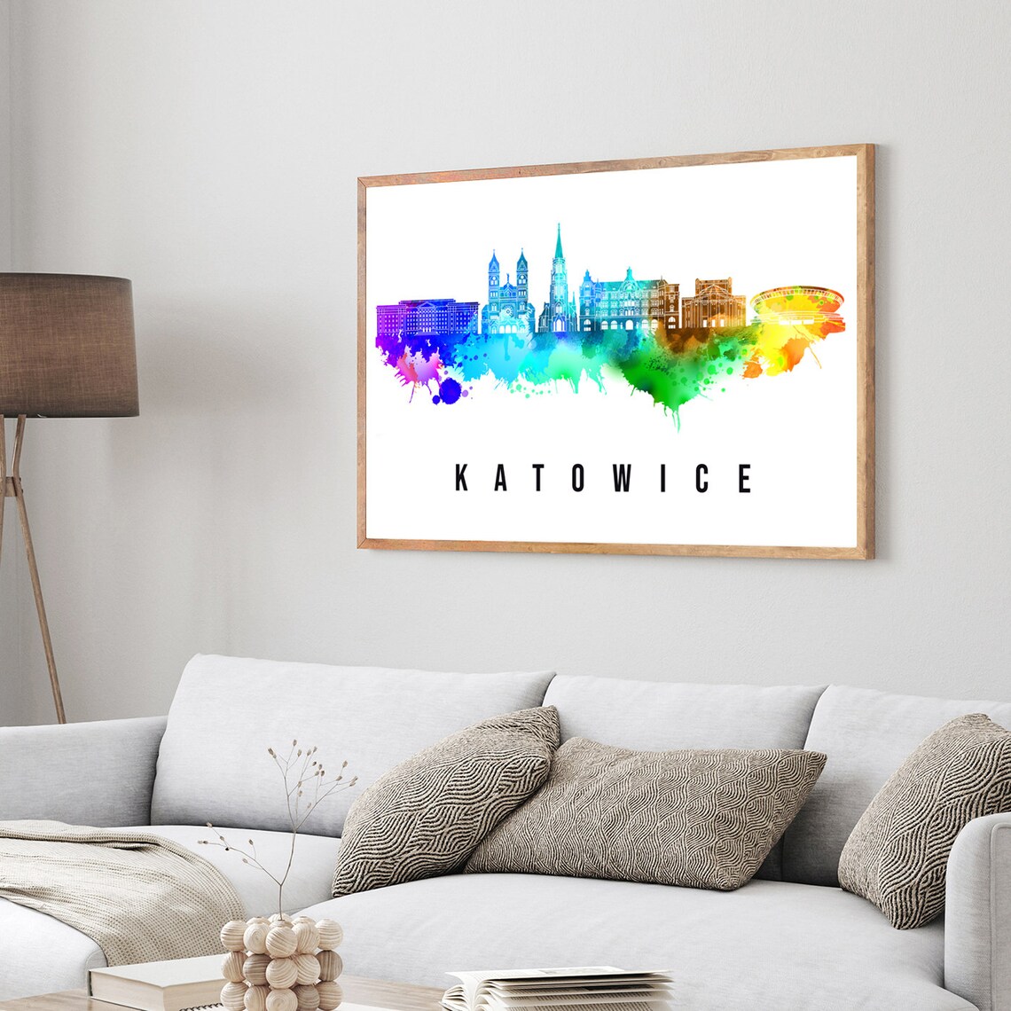 Katowice Poland Churches Arena Rainbow Watercolor Skyline Poster - Image 3