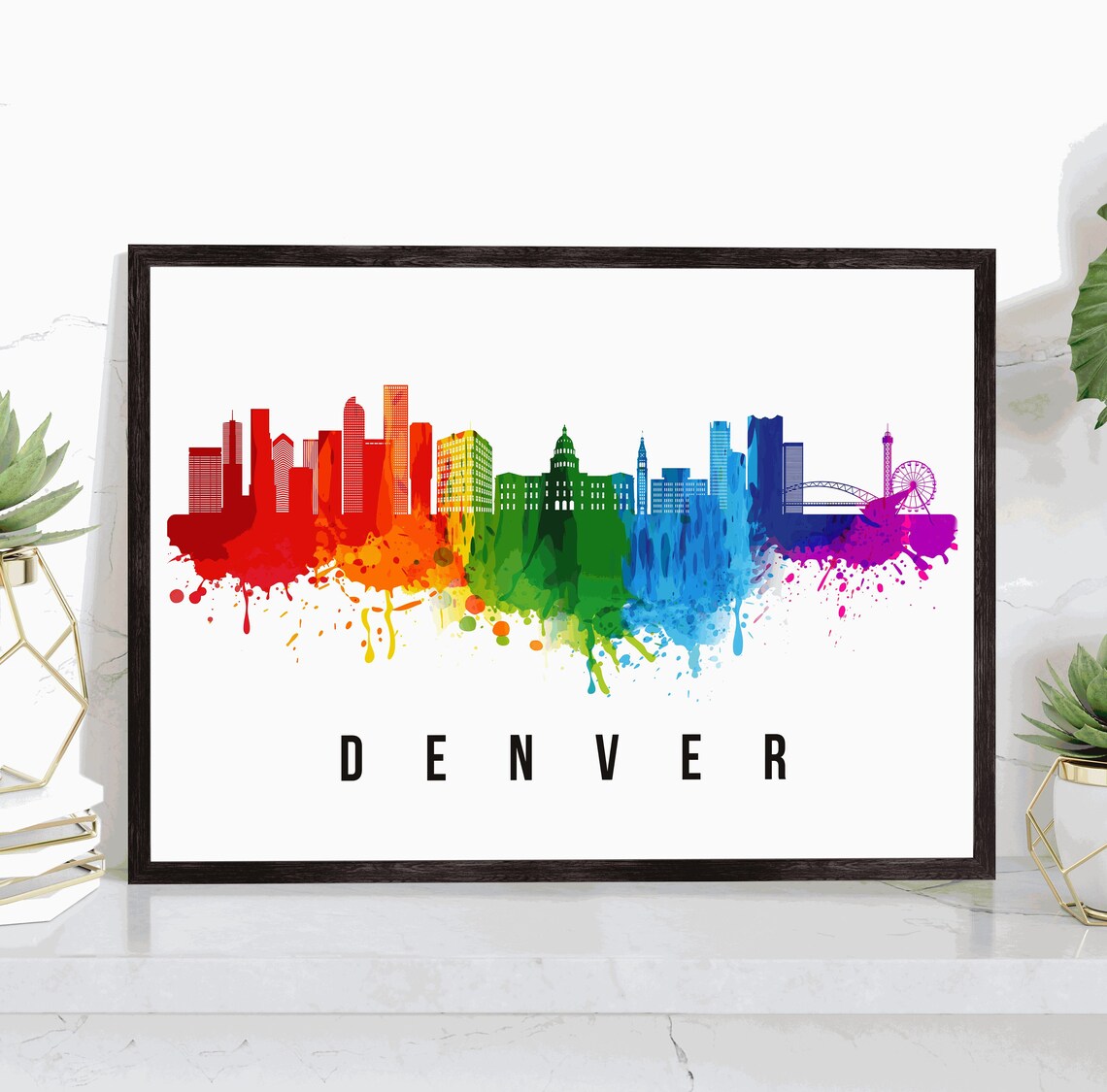 Denver Colorado Rainbow Watercolor Skyline Ferris Wheel Travel Poster