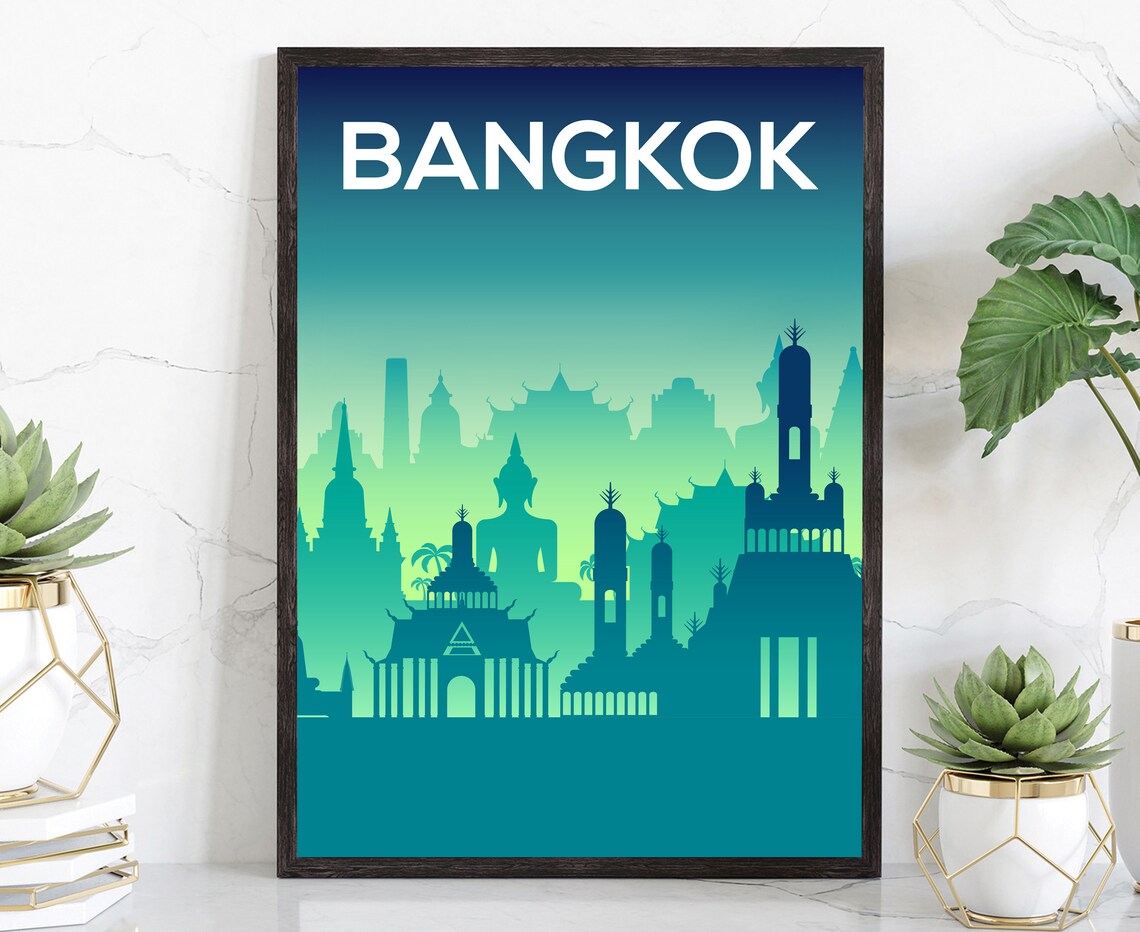 Bangkok Thailand Temple Buddha Skyline Teal Minimalist Travel Poster