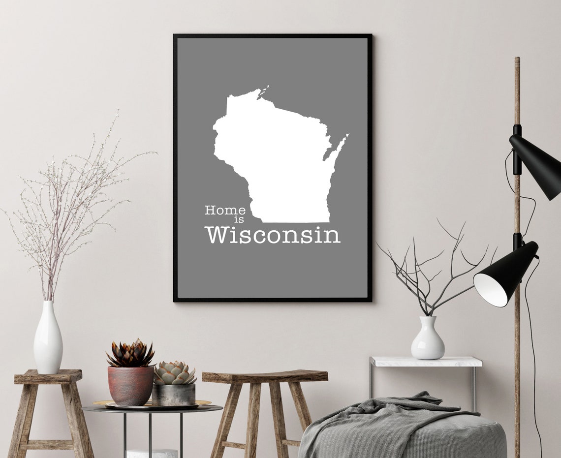 Wisconsin Home Is State Silhouette Gray Minimal Map Art Poster - Image 3
