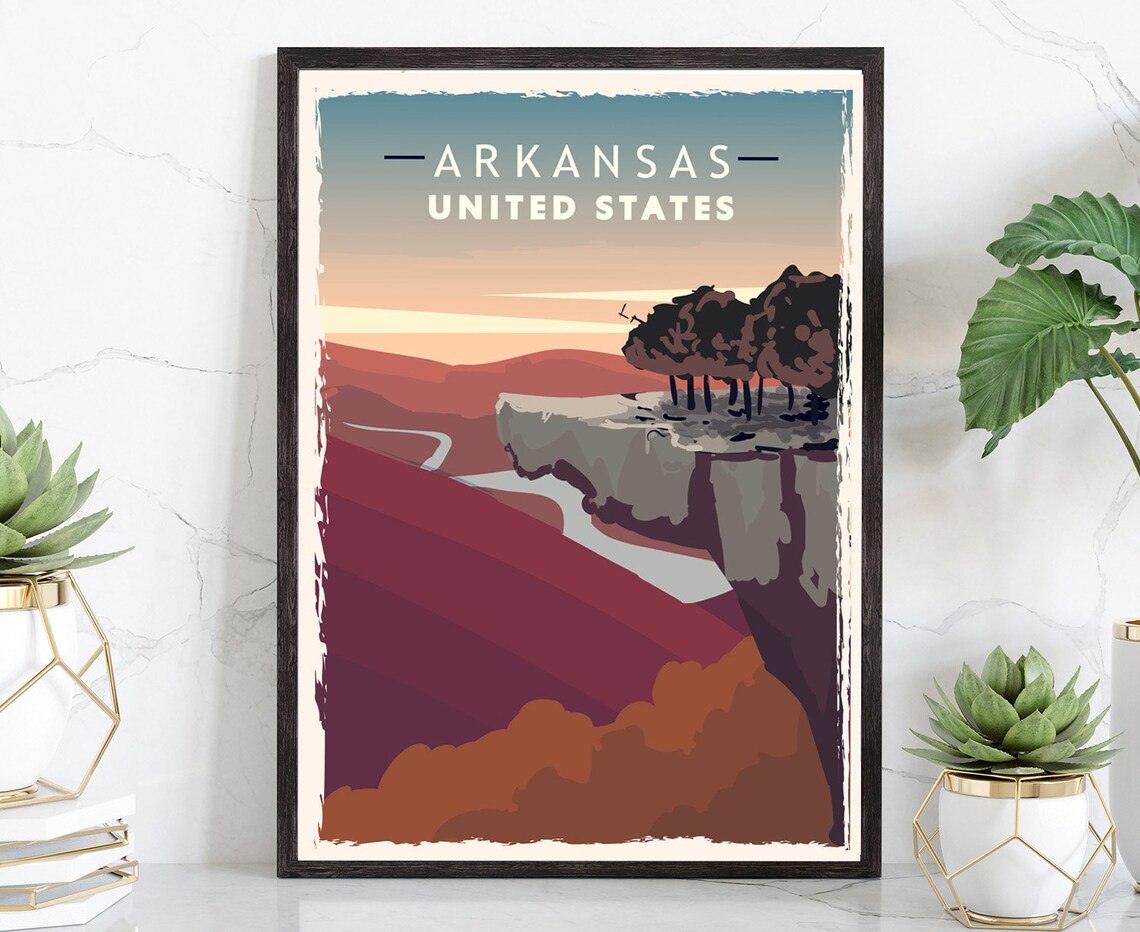 Arkansas Retro Travel Poster Sunset Canyon Bluff Scenic Wall Art