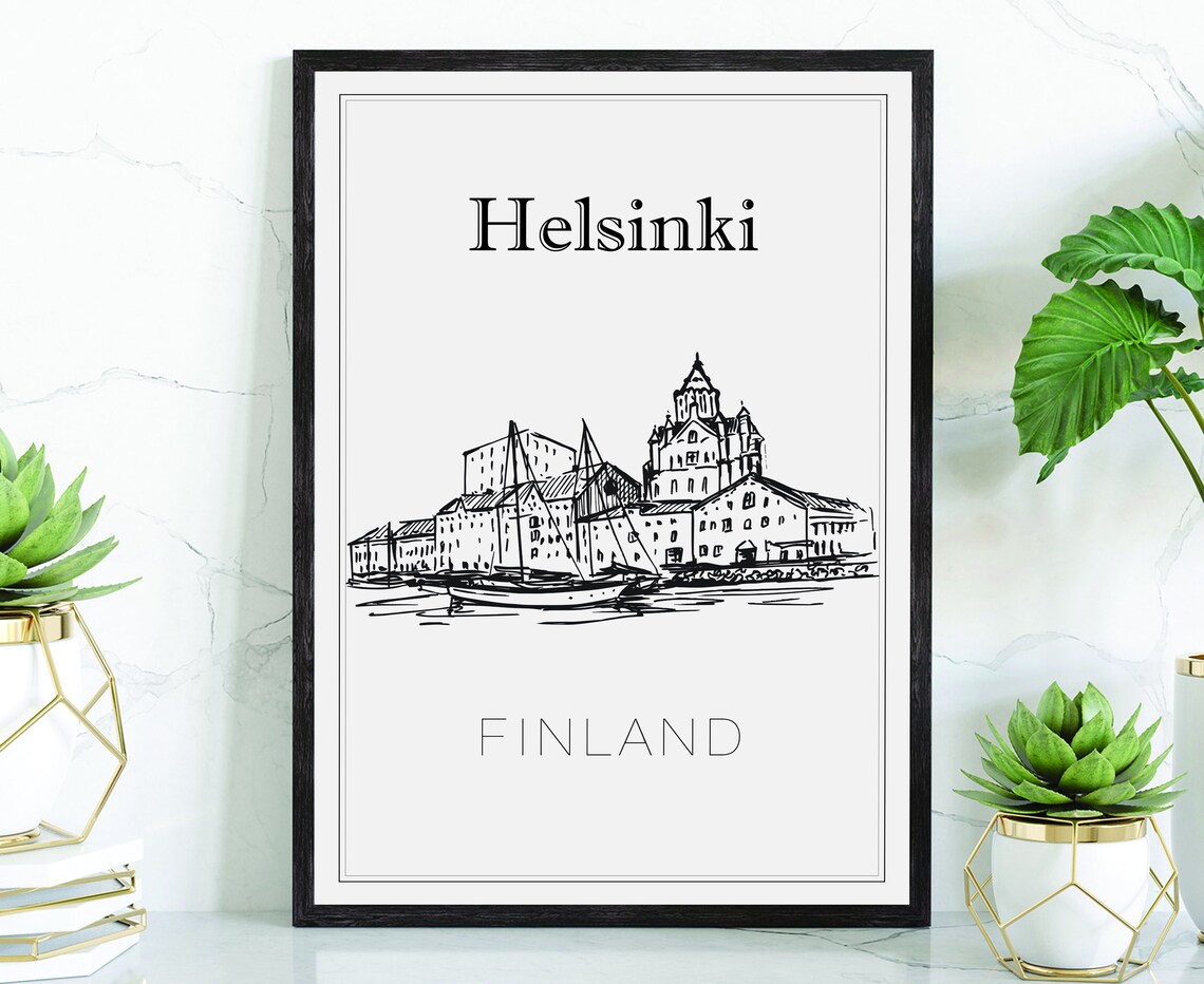 Helsinki Finland Uspenski Cathedral Harbor Hand Drawn Art Poster