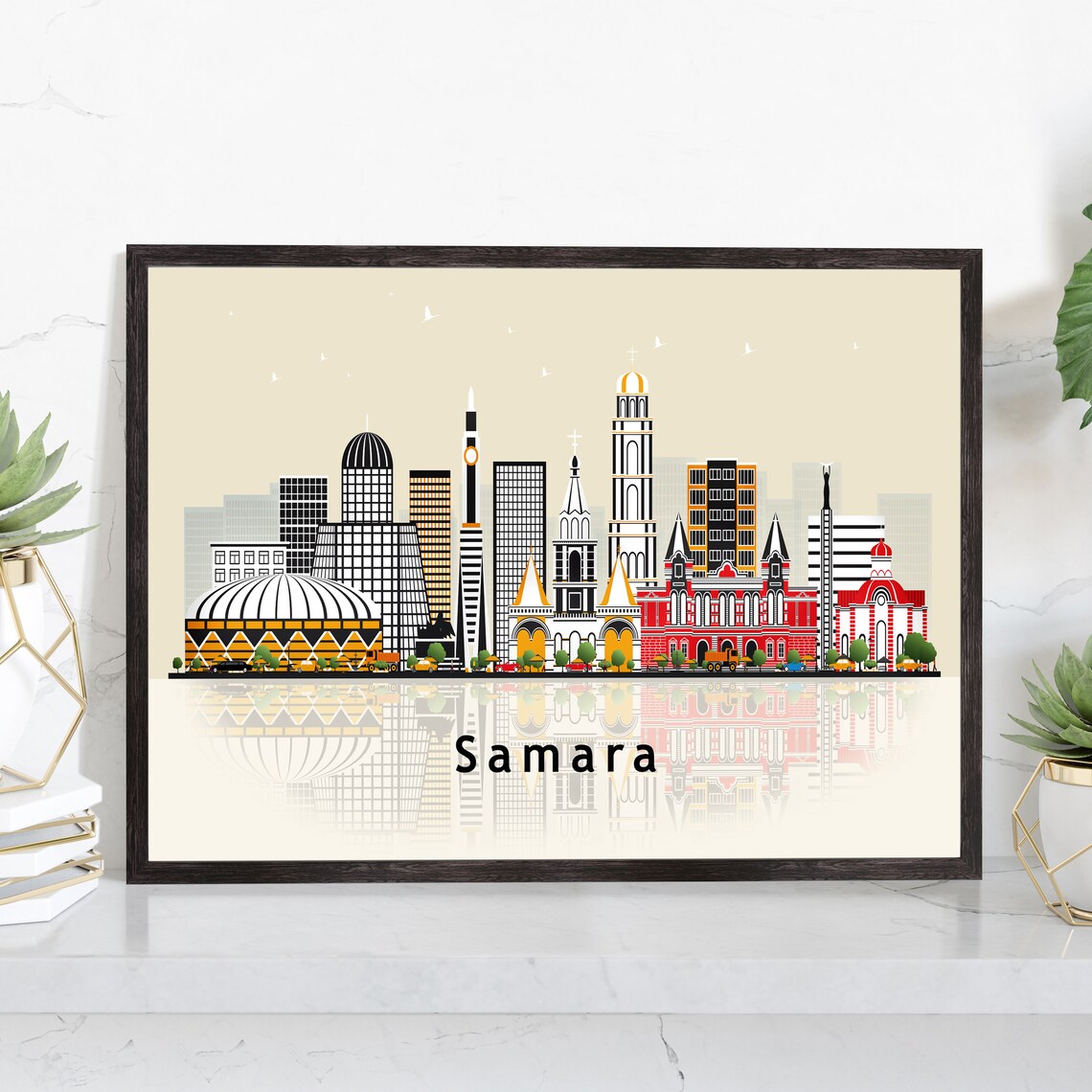 Samara Russia Blue Ink Cityscape Bridge Volga Illustration Art Poster