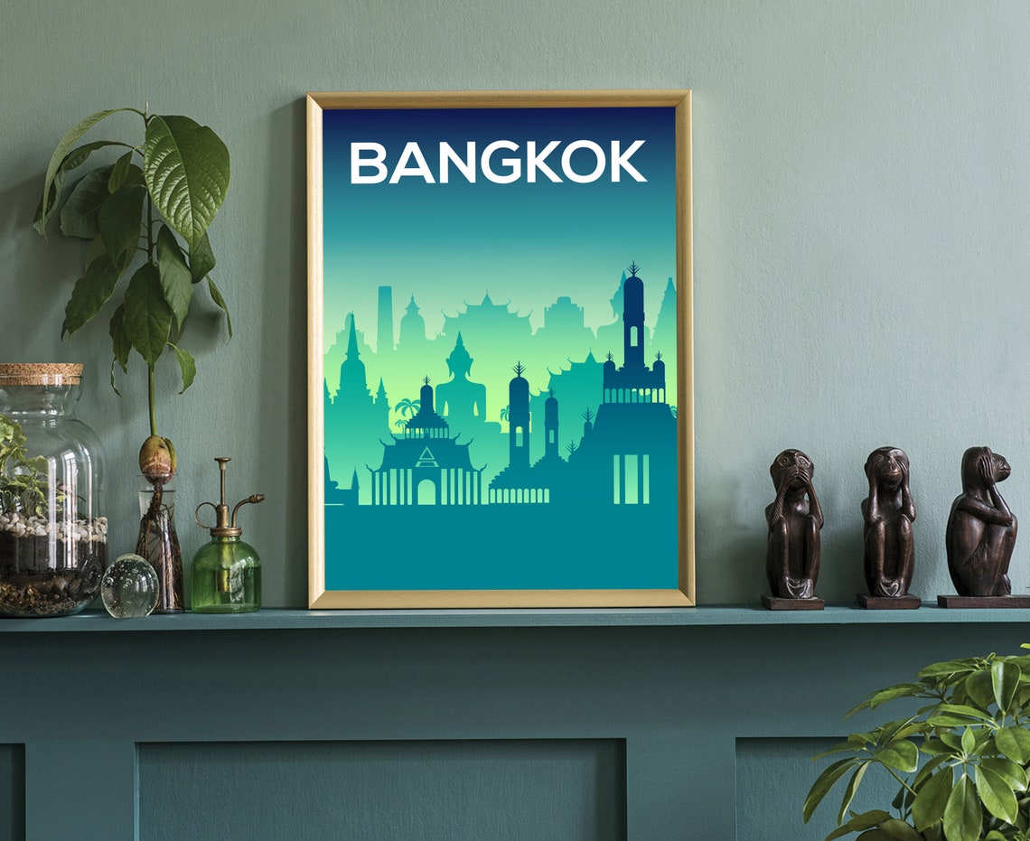 Bangkok Thailand Temple Buddha Skyline Teal Minimalist Travel Poster - Image 3