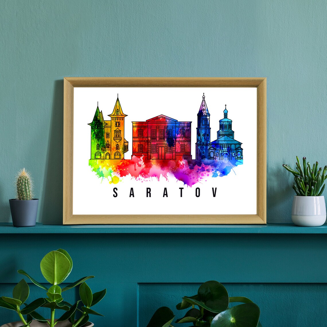 Saratov Russia Rainbow Watercolor Skyline Onion Dome Church Poster - Image 2