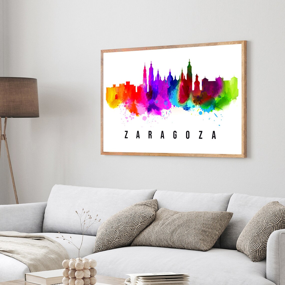 Zaragoza Spain Rainbow Watercolor Skyline Silhouette Art Poster - Image 3