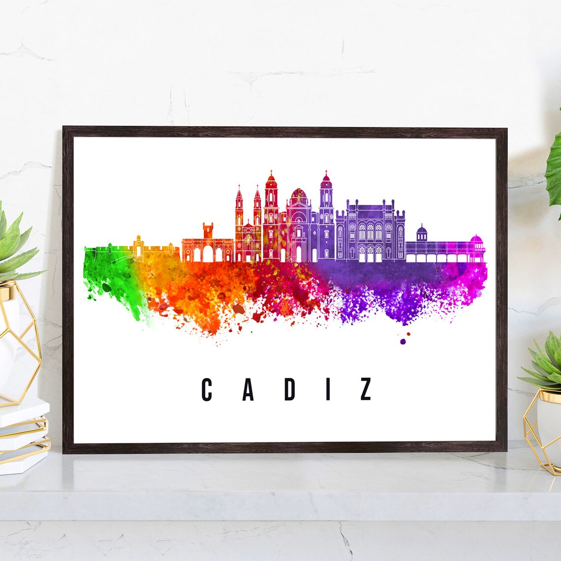 Cadiz Spain Rainbow Watercolor Skyline Cathedral Cityscape Art Poster