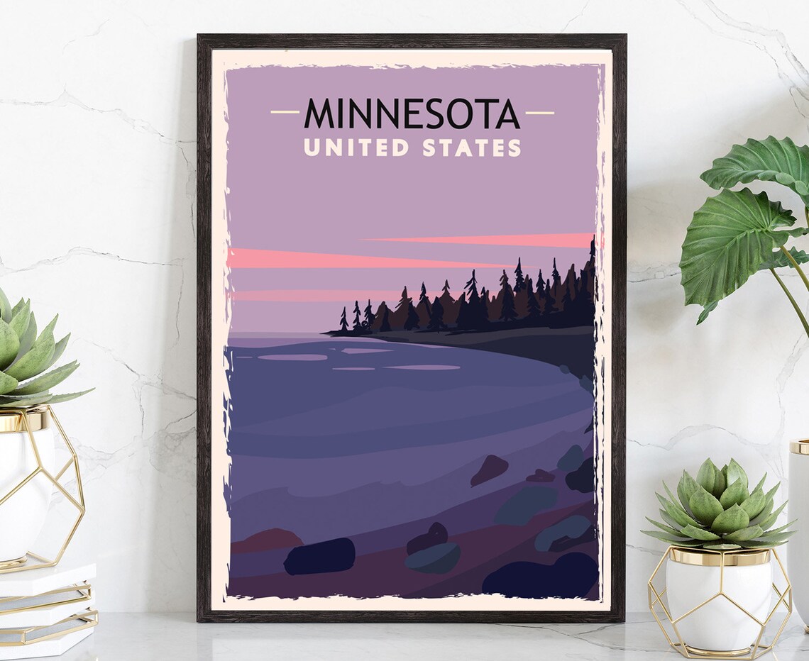 Minnesota Lake Sunset Silhouette Pines Retro Dusk Travel Poster