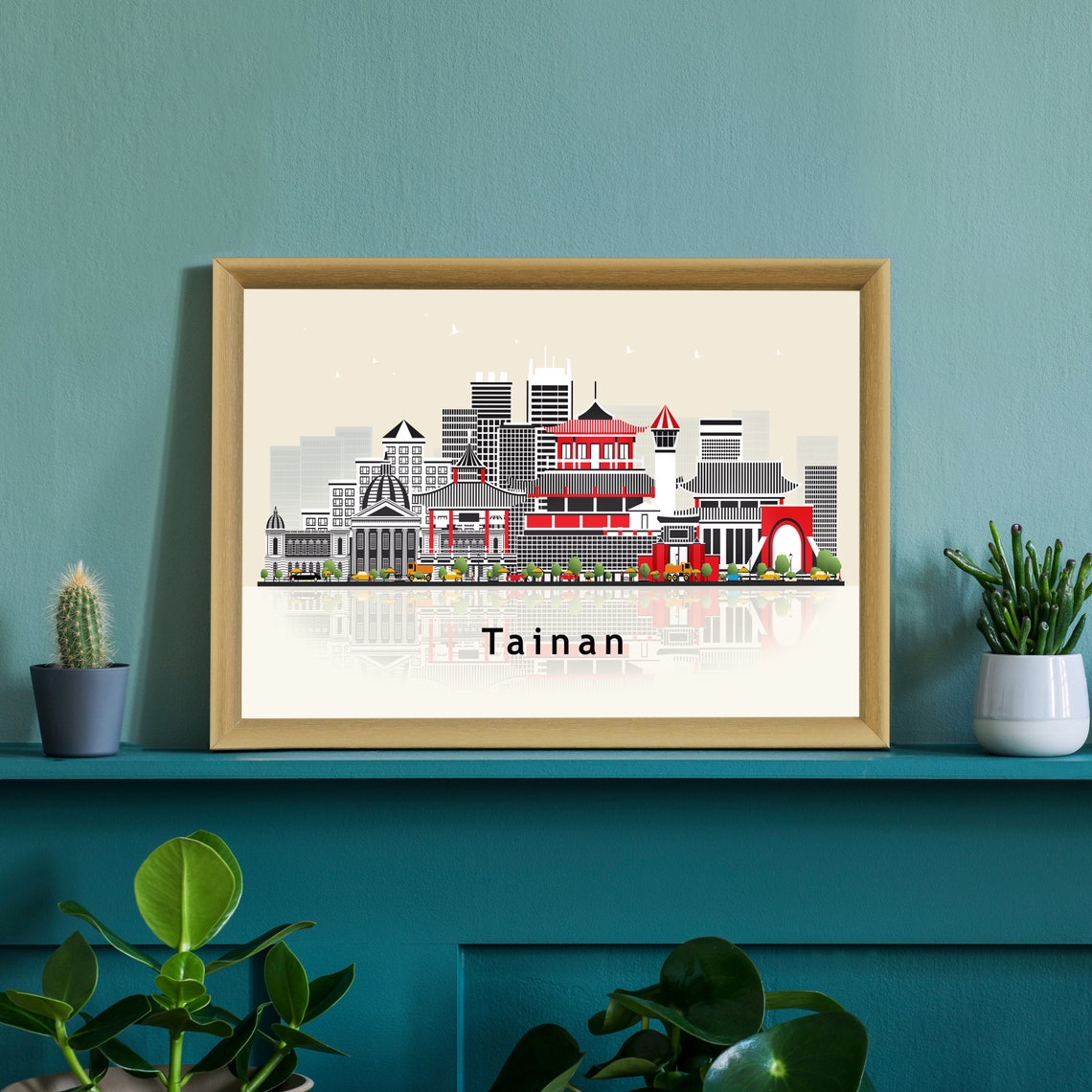 Tainan Taiwan City Skyline Reflection Modern Minimalist Travel Poster - Image 3