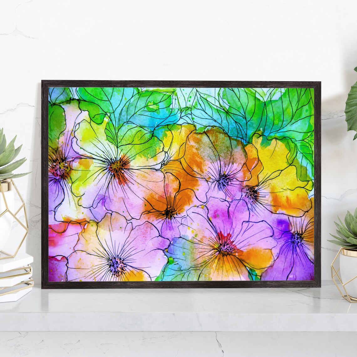 Colorful Garden Wildflowers Watercolor Botanical Floral Art Poster