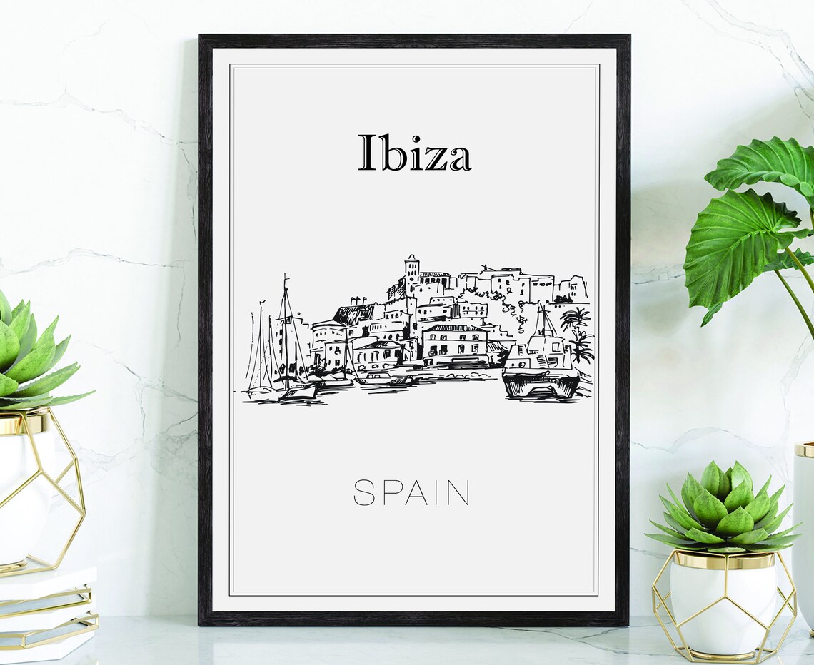 Ibiza Spain Old Town Harbor Sailboats Hand Drawn Line Art Poster