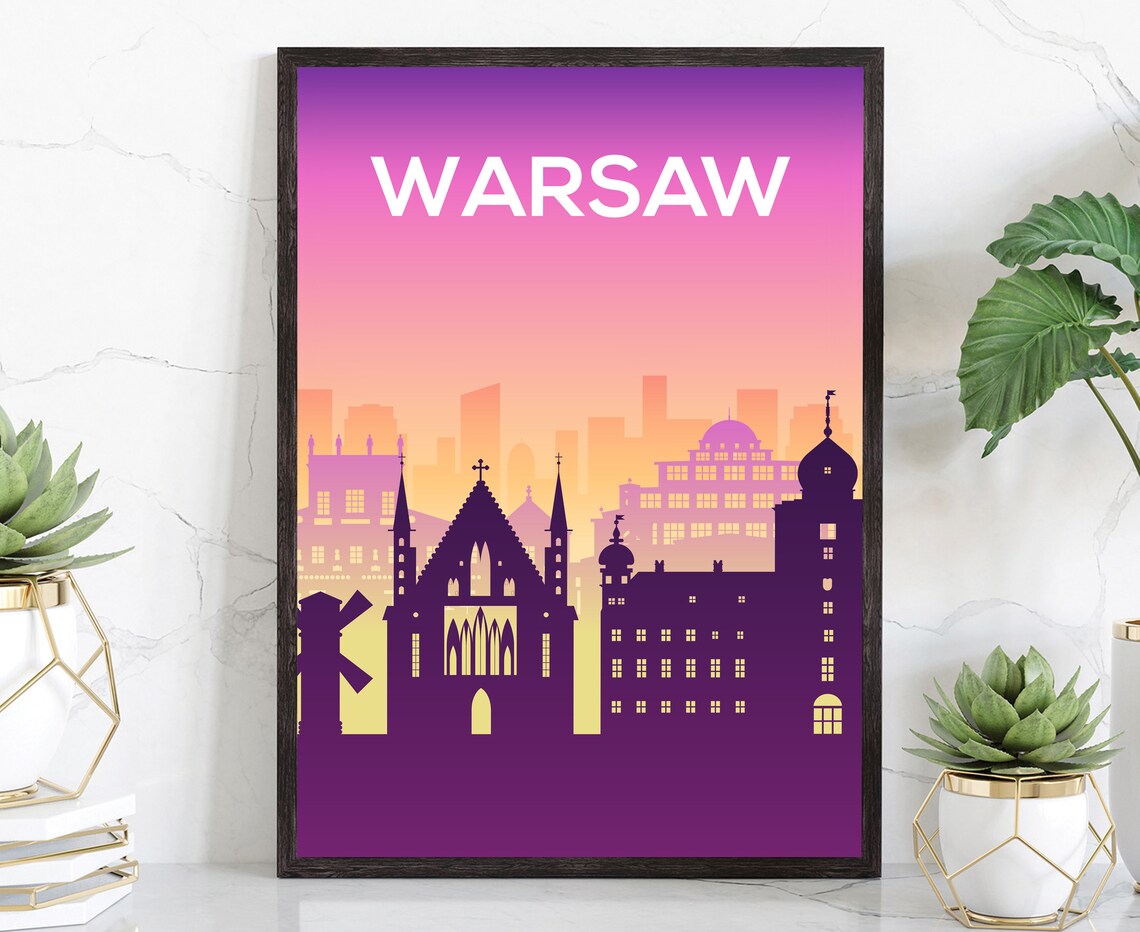 Warsaw Poland Purple Silhouette Sunset Skyline Modern Travel Poster