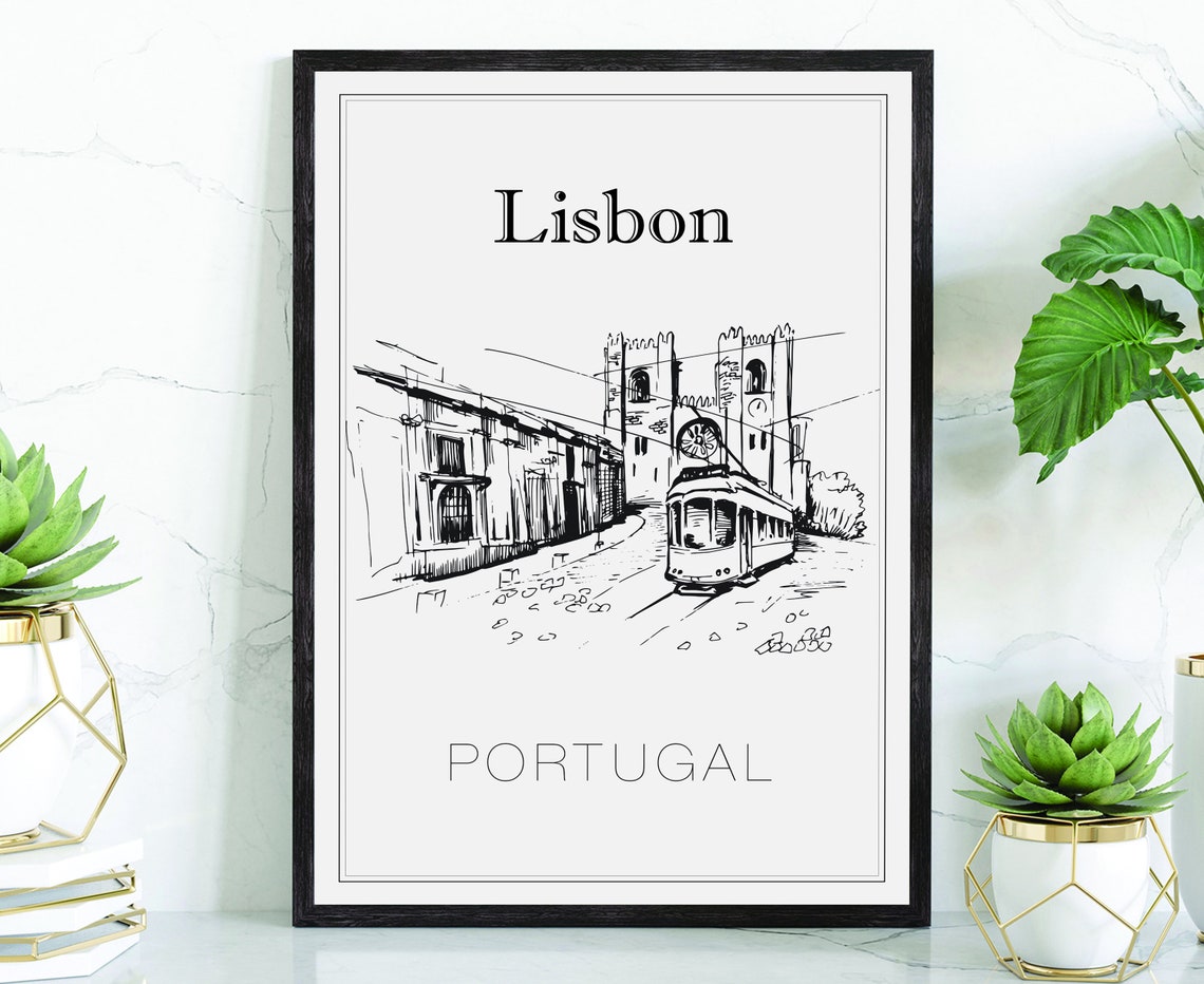 Lisbon Portugal Tram And Cathedral Hand Drawn Line Art Travel Poster