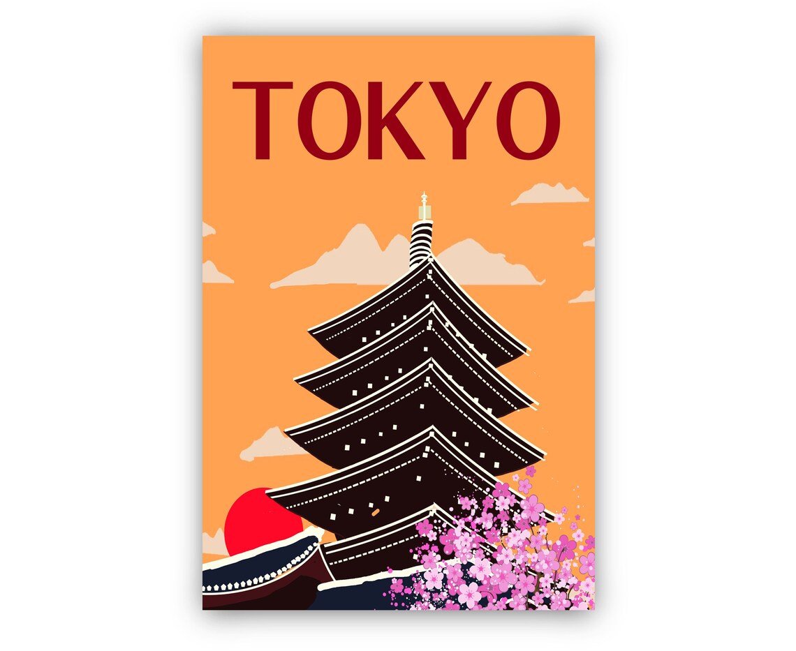 Tokyo Five Story Pagoda Cherry Blossoms Rising Sun Retro Travel Poster - Image 2