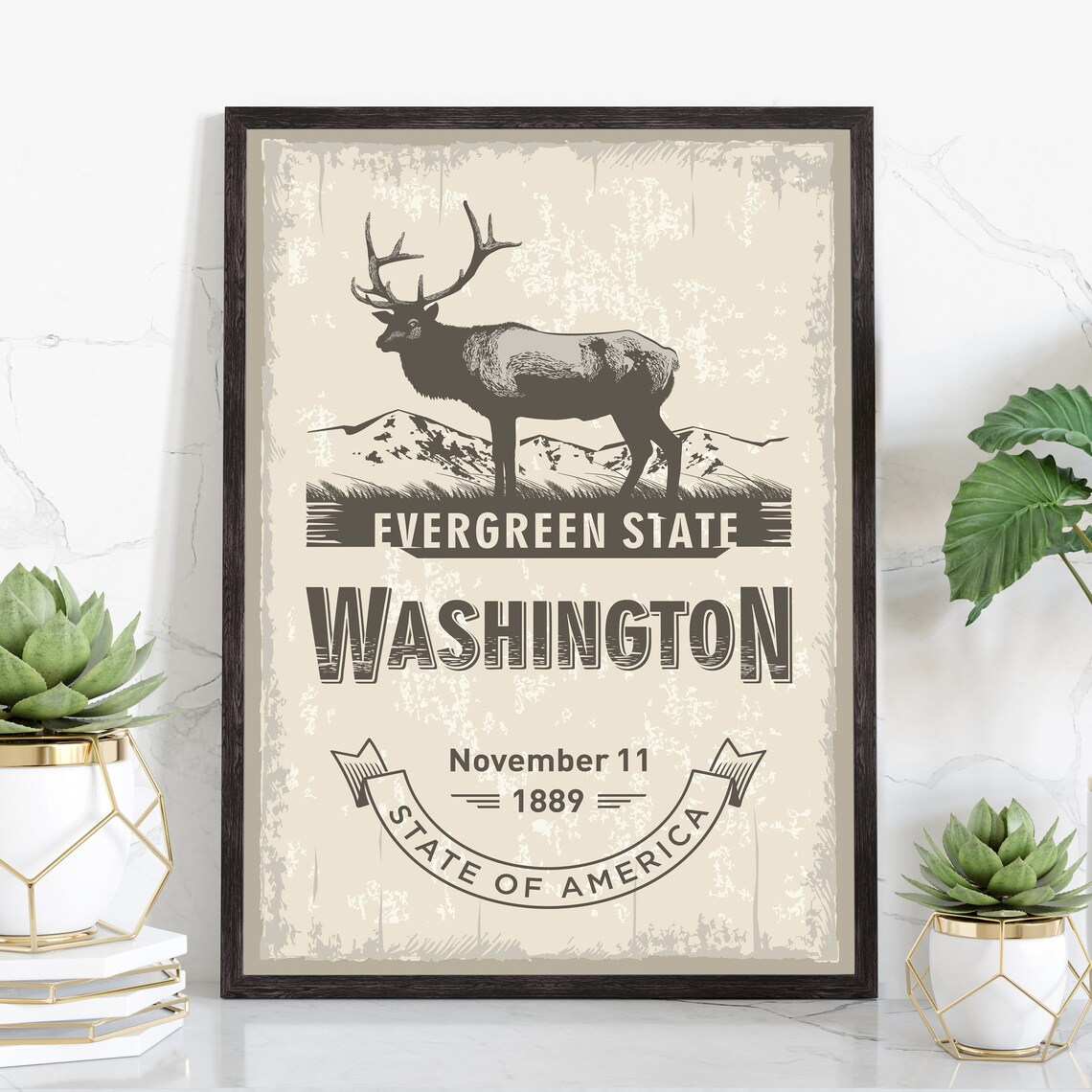 Washington Evergreen State Elk Symbol Vintage Statehood Travel Poster