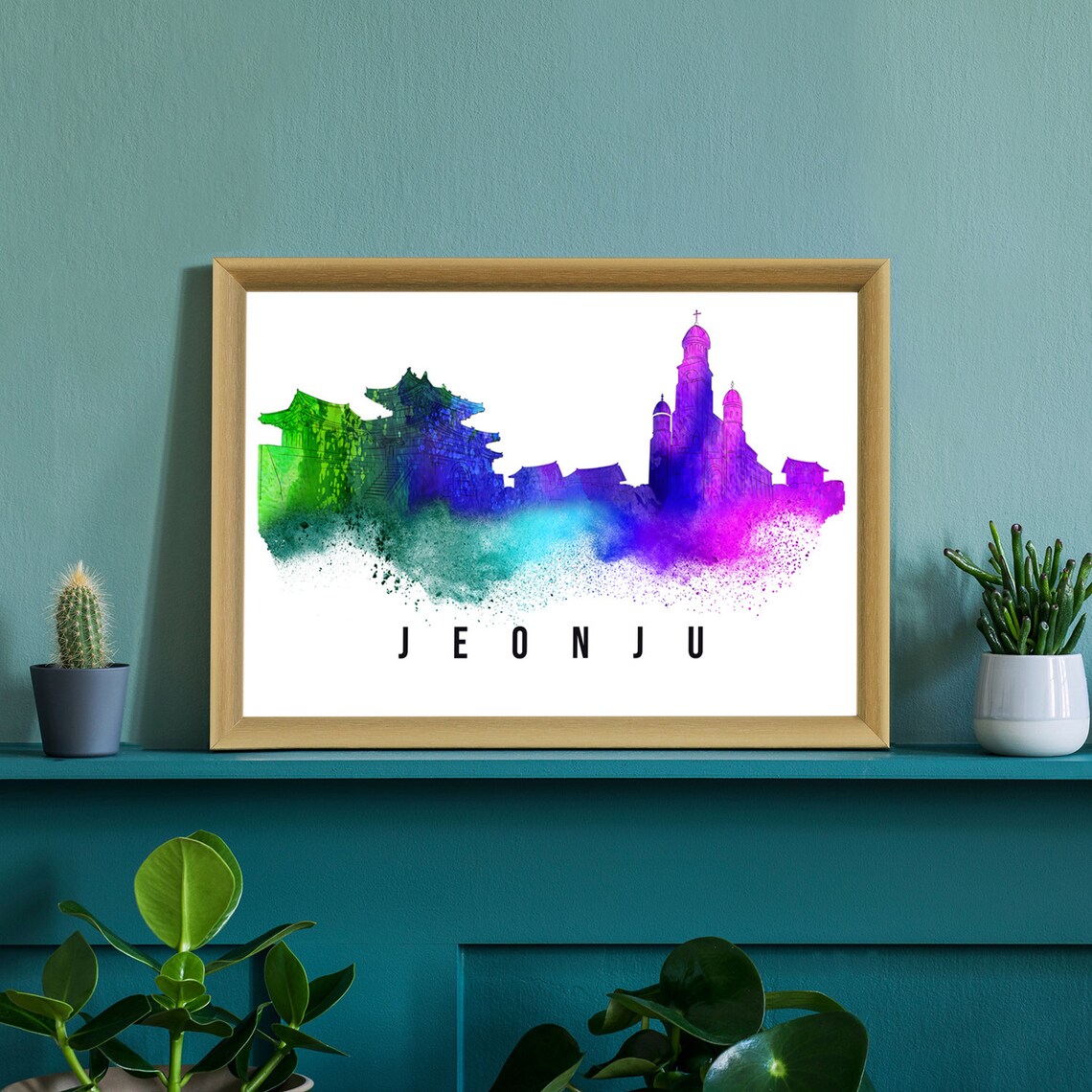 Jeonju South Korea Rainbow Watercolor Historic Temple Skyline Poster - Image 2