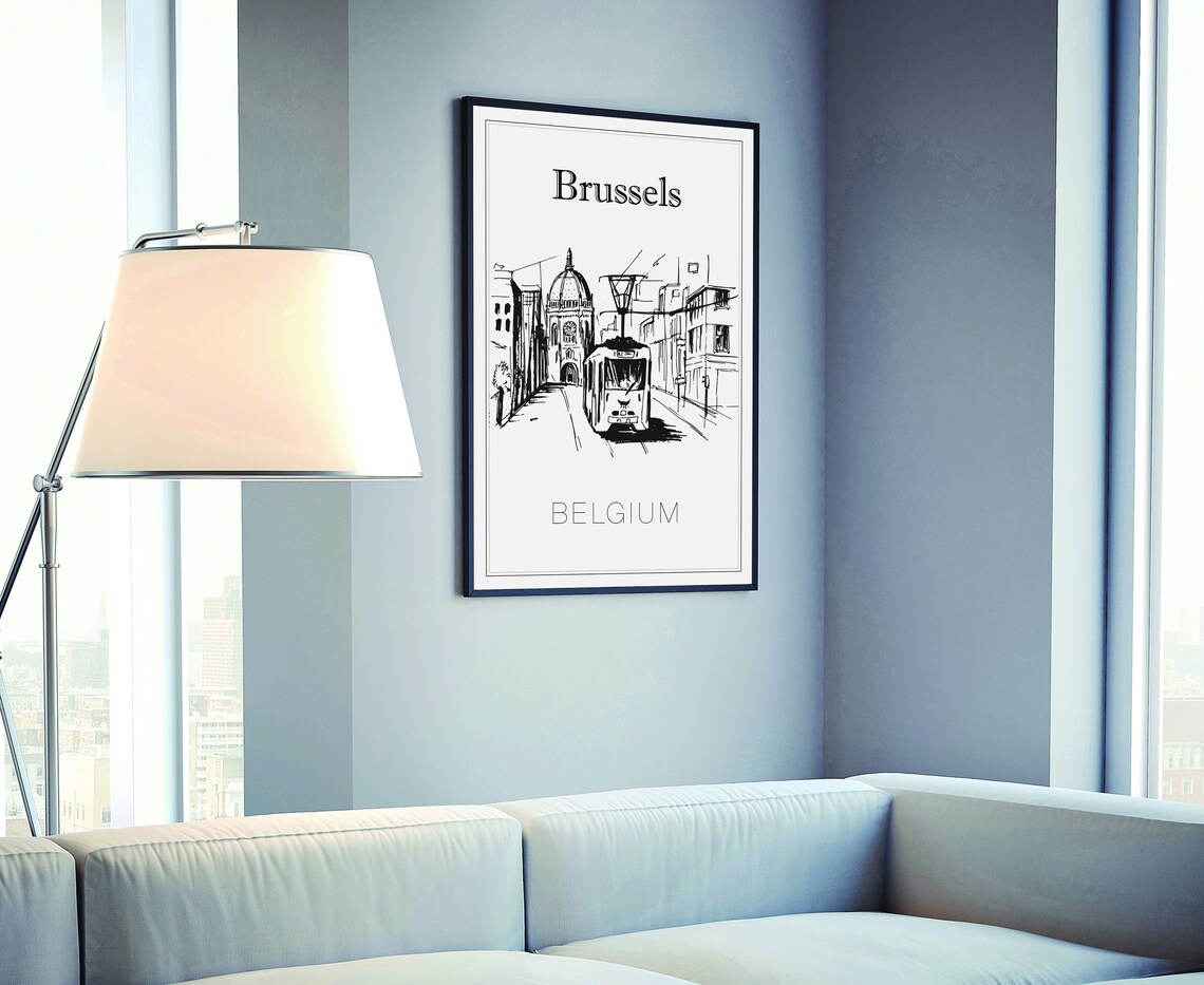 Brussels Belgium Hand Drawn Tram Sketch Black White City Travel Poster - Image 4