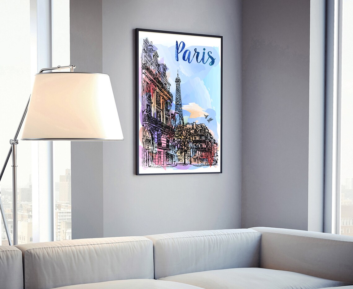 Paris France Eiffel Tower Watercolor Street View Sketch Travel Poster - Image 4