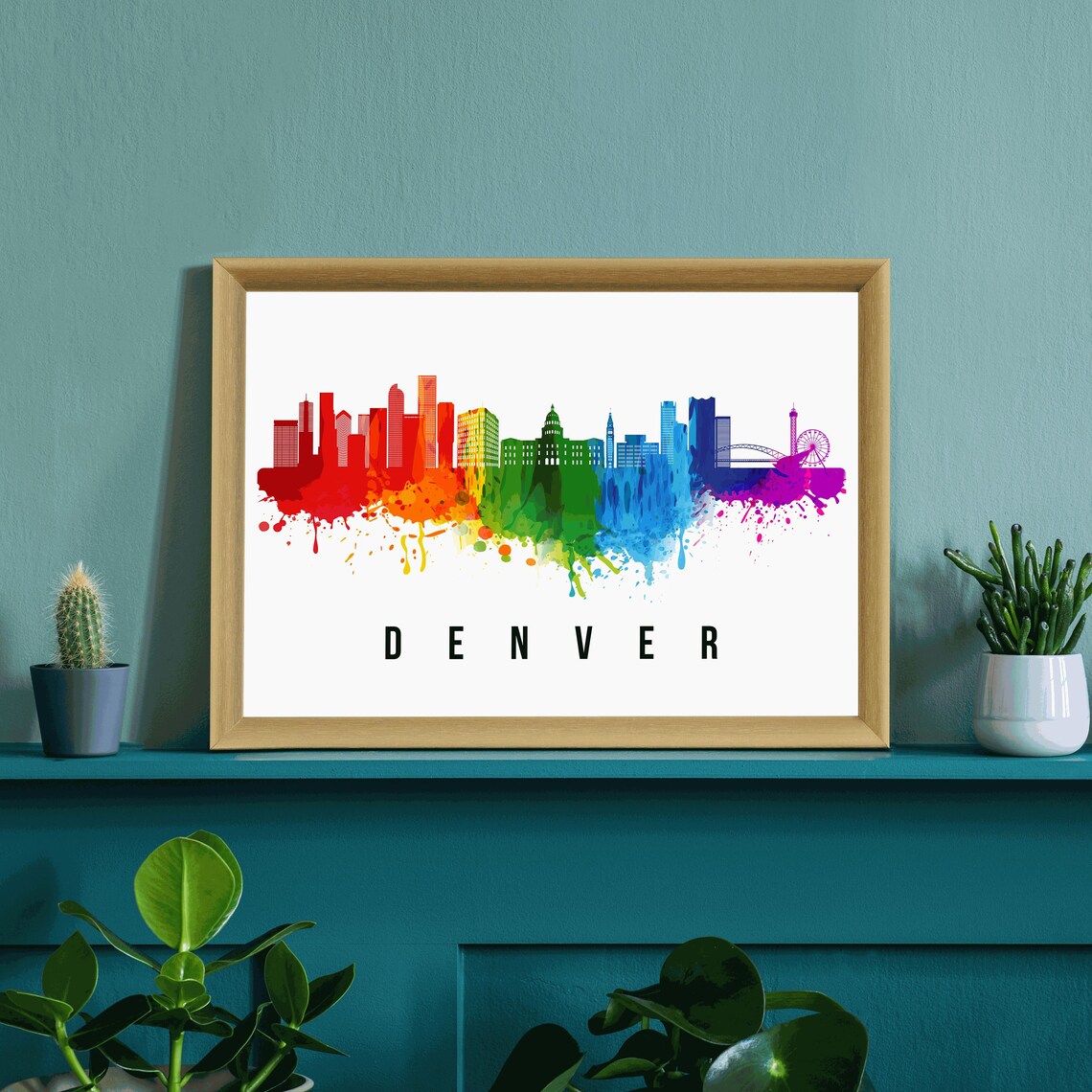 Denver Colorado Rainbow Watercolor Skyline Ferris Wheel Travel Poster - Image 3