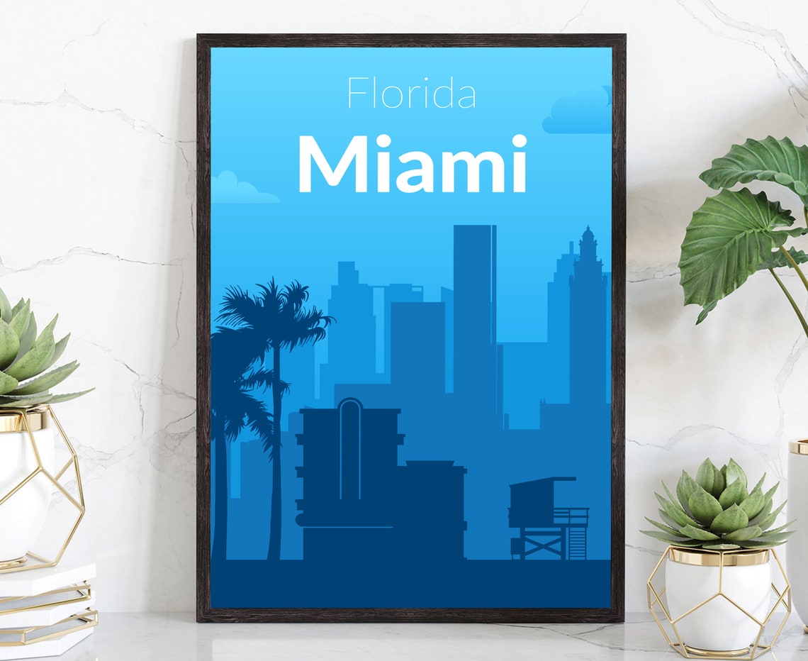 Miami Florida Solid Blue Skyline Palm Trees Minimalist Travel Poster