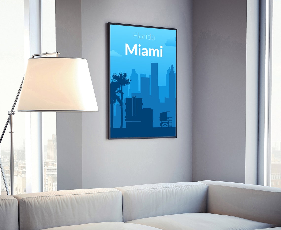 Miami Florida Solid Blue Skyline Palm Trees Minimalist Travel Poster - Image 4
