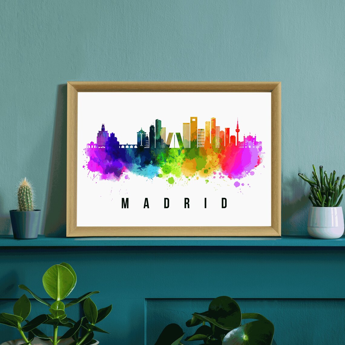 Madrid Spain Rainbow Watercolor City Skyline Silhouette Art Poster - Image 3