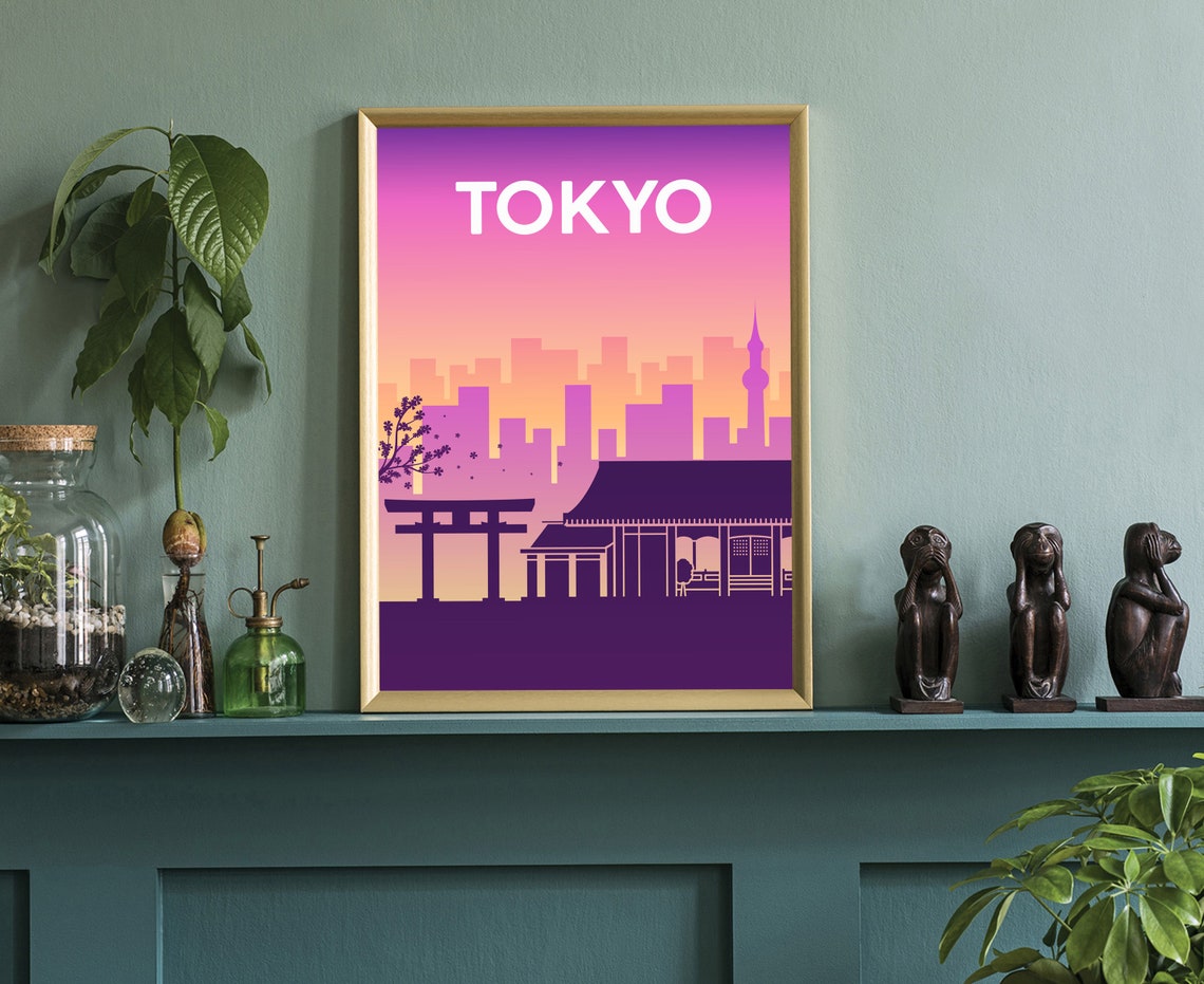 Tokyo Japan Torii Gate Cherry Blossom Sunset Skyline Silhouette Poster - Image 3
