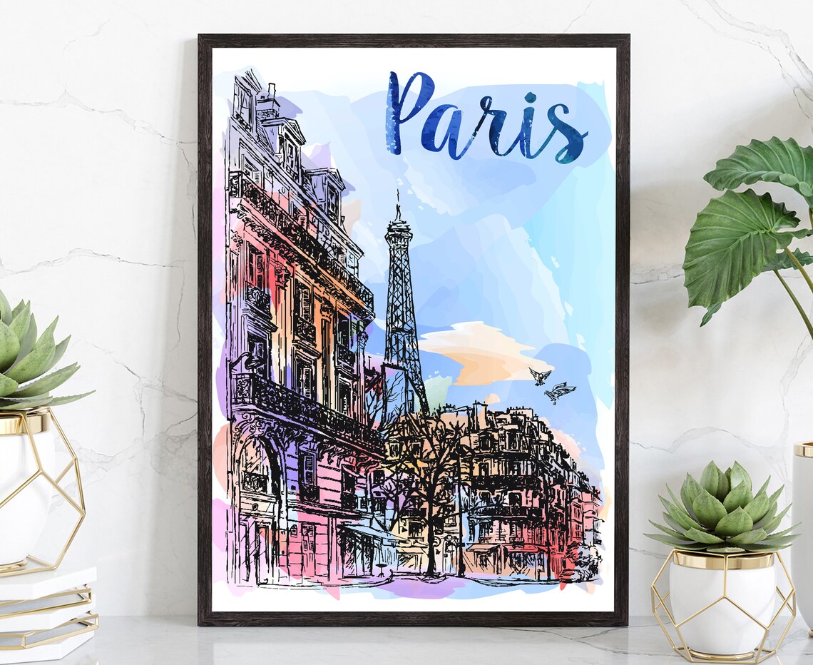 Paris France Eiffel Tower Watercolor Street View Sketch Travel Poster