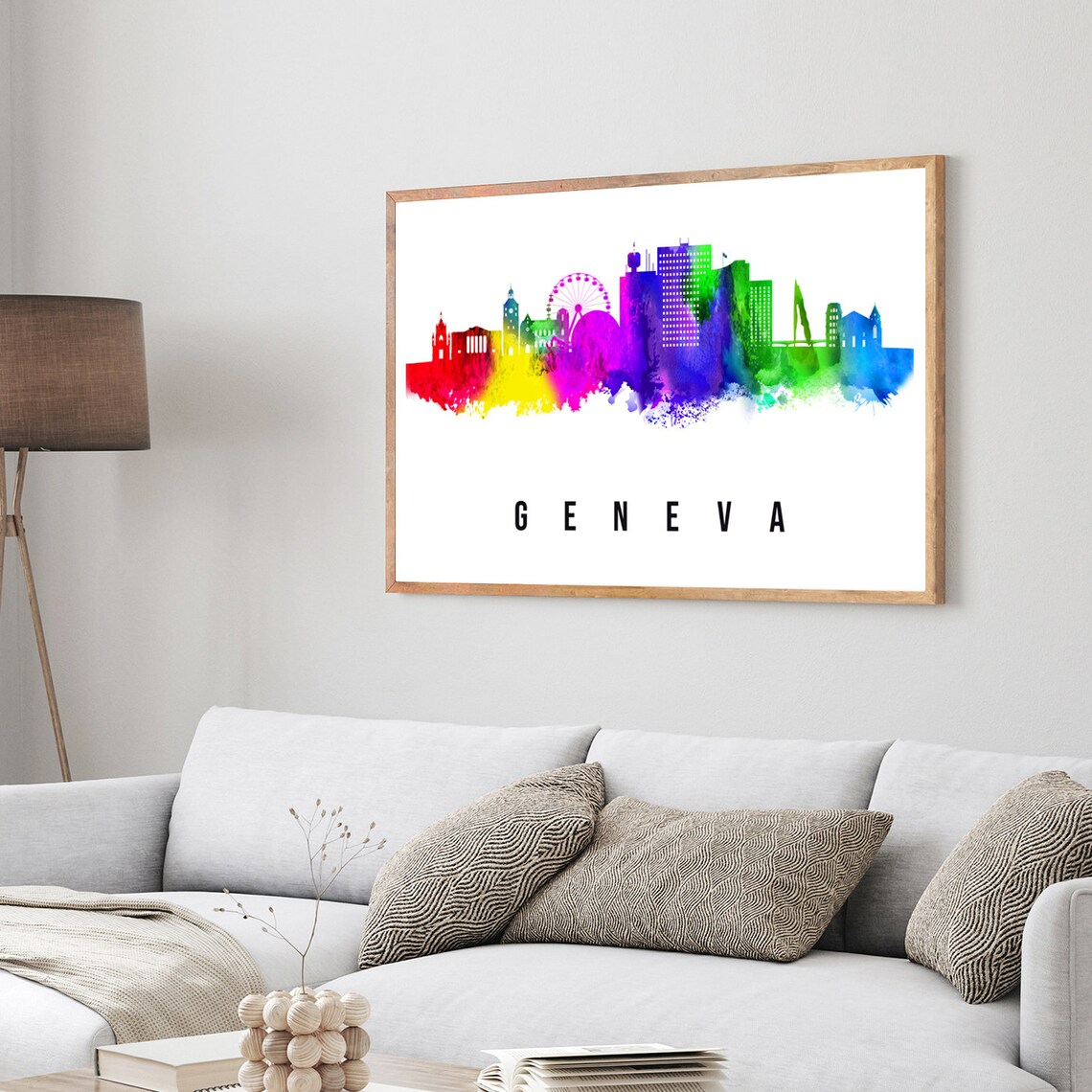Geneva Switzerland Rainbow Watercolor Skyline Lake View Poster - Image 3