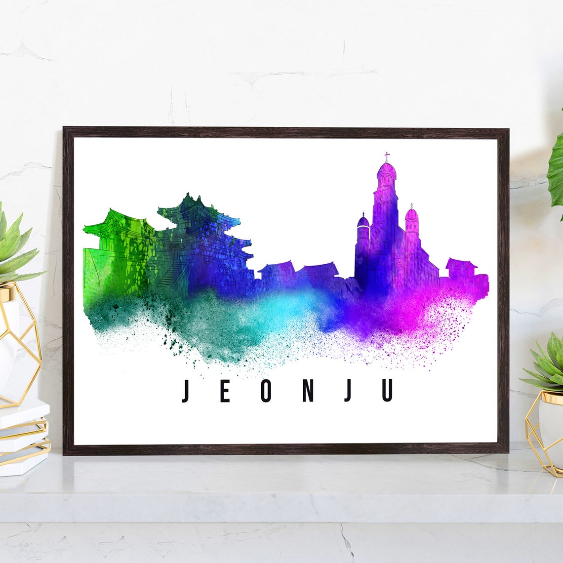 Jeonju South Korea Rainbow Watercolor Historic Temple Skyline Poster