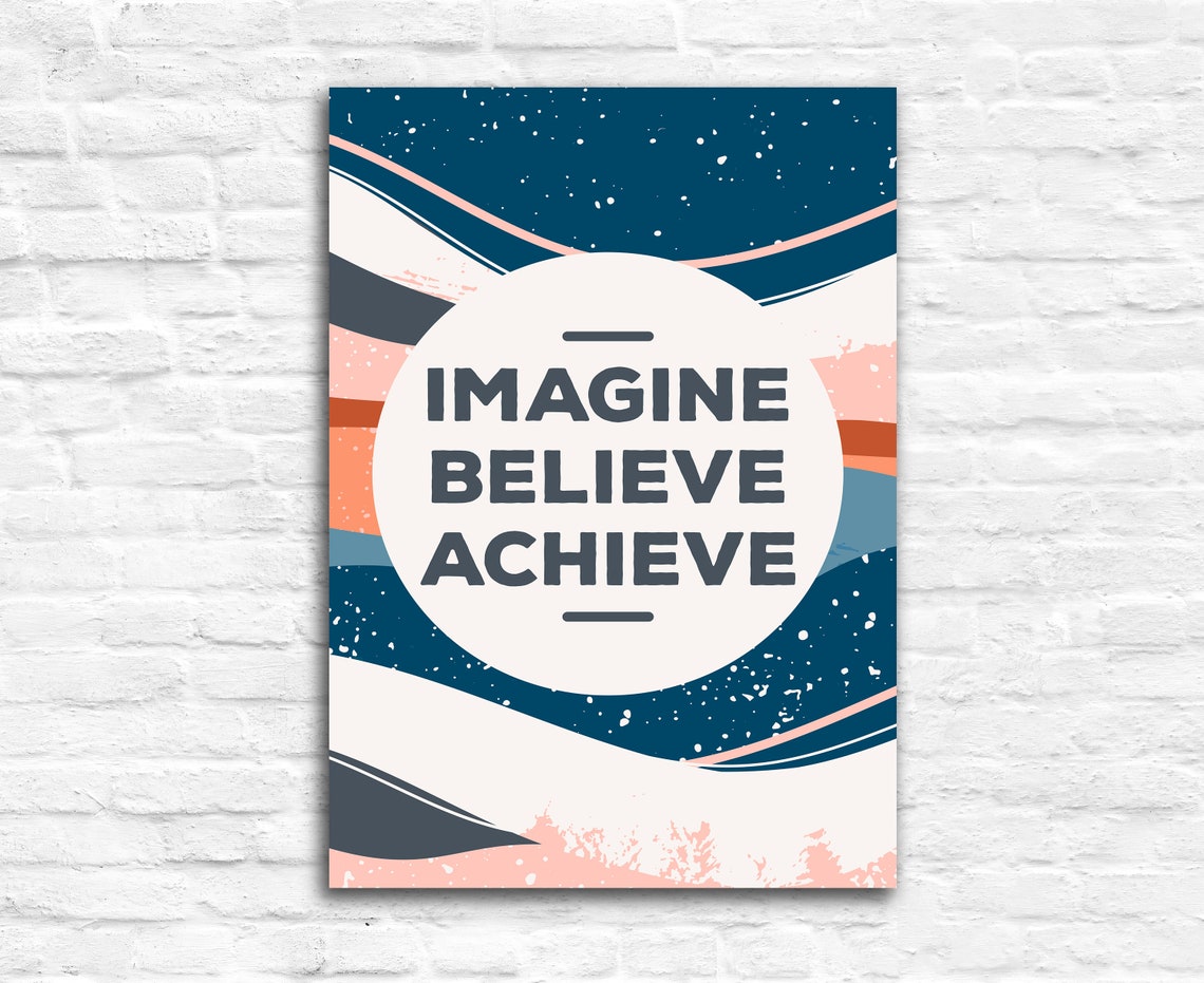 Imagine Believe Achieve Abstract Wave Inspirational Quote Poster - Image 2